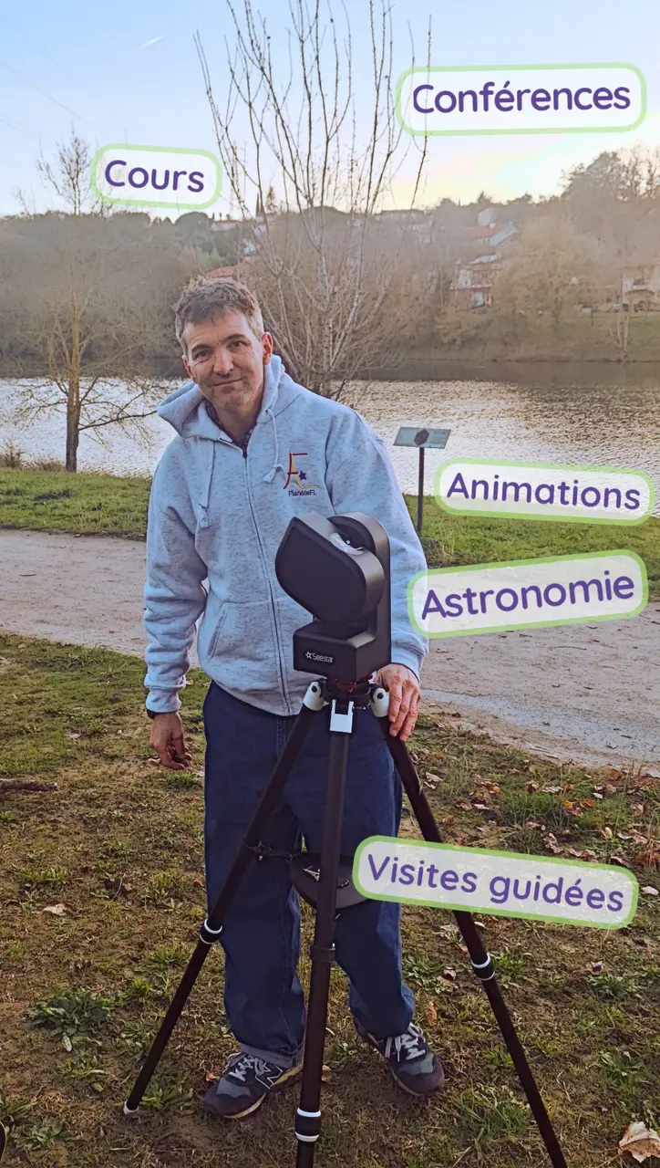 Moi avec mon télescope et une sélection de mon offre de services: cours, conférences, animations, astronomie et visites guidées