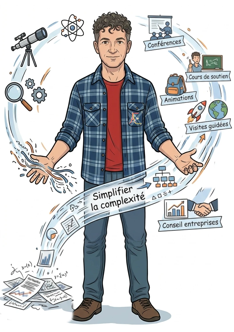 Moi en version bande-dessinée avec certains de mes produits et la devise «simplifier la complexité»