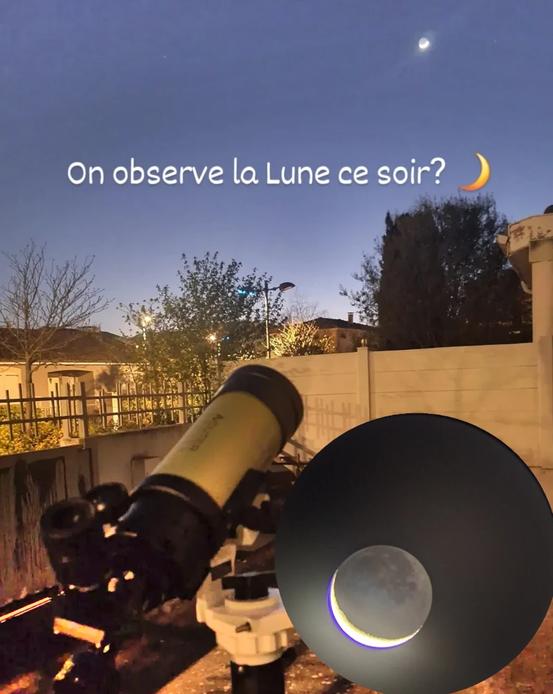 Ma lunette astronomique basique et une image d'un croissant de Lune